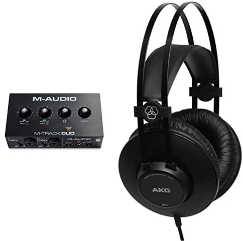 M-Audio M-Track Duo — Interfaccia audio Scheda audio Esterna USB per registrazione, streaming, podcasting con ingressi XLR, Line e DI e software & AKG K52 Closed Back Cuffie, Nero