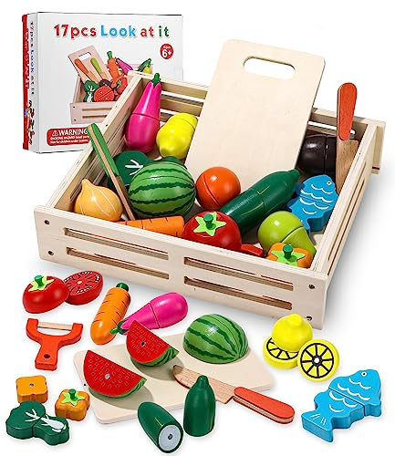 Birshe Holzspielzeug Essen für Kinder Küche, Schneiden von Obst und Gemüse Set für Rollenspiele, Zerlegbar, Spielzeug-Lebensmittel Lernspielzeug Geschenk für Jungen und Mädchen Geburtstag Weihnachten