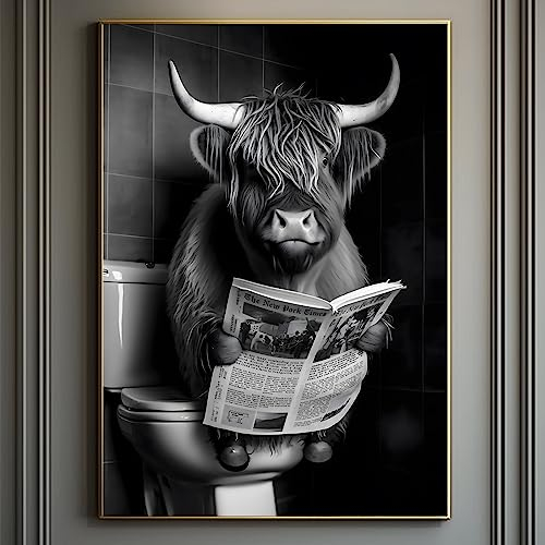Lustiger Hochlandkuh Badezimmer-Wandkunstdruck, Kuh liest eine Zeitung auf der Toilette, Bild, Tier, Badezimmer, Leinwand, Gemälde, Bauernhaus, WC, Poster, lustige Kuh, Leinwanddruck für Wohnzimmer,