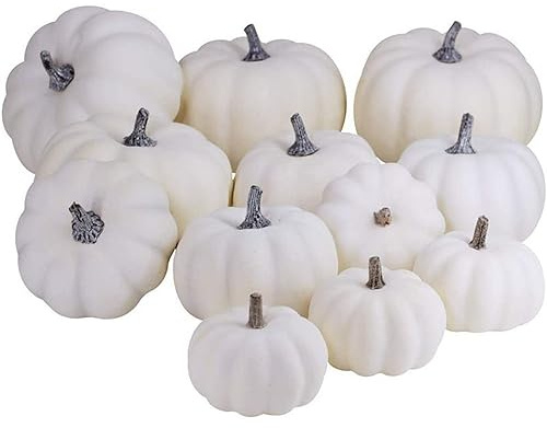 Zomtier 12 Pcs Künstliche weiße Kürbisse Herbstdeko Kürbisse Faux Ernte Kürbisse für Herbst Thanksgiving Halloween Tisch Herbstdekoration