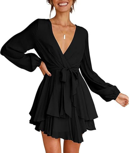 Damen Sexy Langarm Kleid V-Ausschnitt Wickelkleid Partykleid Tunika Kleider Einfarbig Elegant Cocktailkleid Casual Swing Skater Kleid Mini Kleid Abendkleider Rüschenkleid mit Gürtel