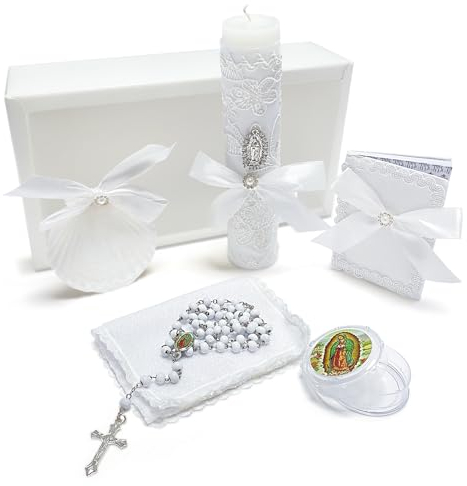 Brilucky Baptism Candle Set for Boys & Girls, White 5 PCS Kit Virgen De Guadalupe Catholic Candle, Towel, Shell, Rosary, Bible Baby Dedication Christening Gift, Velas para Bautizo Niño