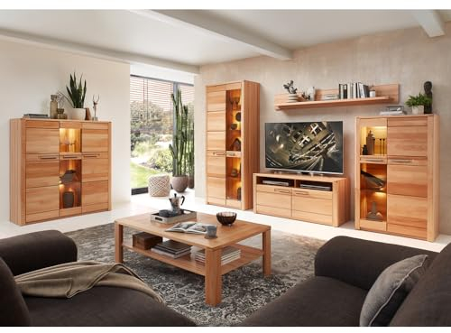 Wohnzimmermöbel Wohnzimmer Set mit Highboard Vitrine TV Lowboard Wandboard Couchtisch, Beleuchtung, Front Kernbuche massiv