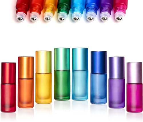 Parfumlism roll-on glasflaskor 5ml färgglada, 8 tomma roll-on-flaskor med rullkulor i rostfritt stål, för eteriska oljor, aromaterapiblandningar, parfym, doftolja, läppglans