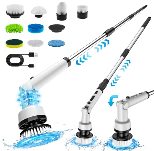 LONHEO Cepillo Eléctrico Giratorio Hogar, Cepillo de Limpieza Inalámbrico con 9 Cabezales Recambiables, Mango Ajustable 33-130 cm, 3 Velocidades, para Baño, Cocina, Azulejos y Coche