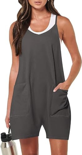 Haibang Jumpsuit dam, sommar, ledig, korta hängselbyxor, arbetsbyxor, lösa remmar, overall, onepiece, ärmlös, sparkdräkt, spagettiremmar, lekdräkt, byxdräkt, sommaroutfit med stora fickor