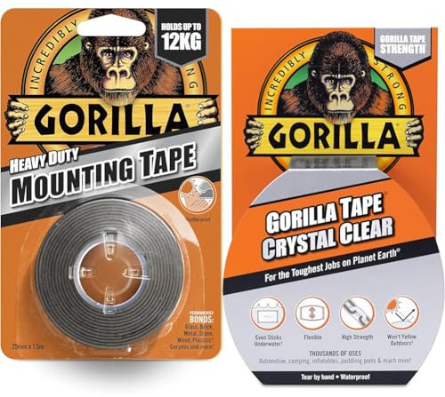 Gorilla Heavy Duty Mounting Tape Black 1.5m & Tape Crystal Clear 8.2m