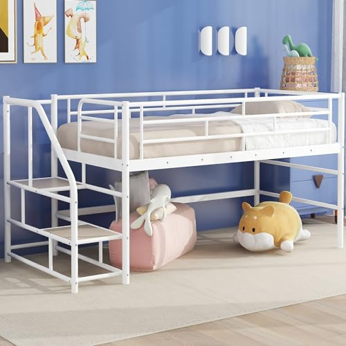 Merax Junior Metal Low Loft Bed Frame for Girls Boys, Space Saving/Easy Assemble White