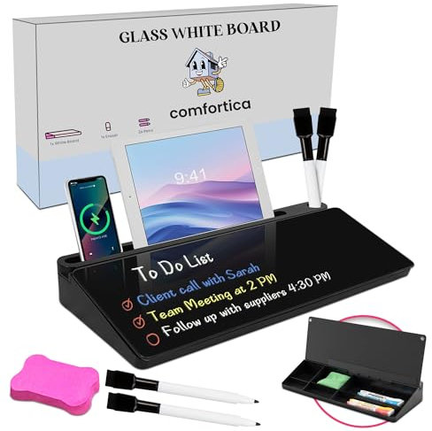 Comfortica Desktop Whiteboard - Glass Desktop Whiteboard with Storage - Small Dry Erase Board, Computer Keyboard Stand Organizer for Quick Notes & Reminder, Ideal for Home, Office Accessories
