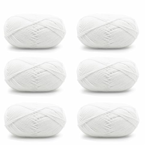 Fil à Tricoter, 6 pièces Fil à tricoter et à crocheter, Fil à Tricoter en Acrylique, 50g Fil à Tricoter à la Main Fil de Coton, Avec de Fil de Coton au Lait, Pour le Crochet et L'artisanat, Blanc
