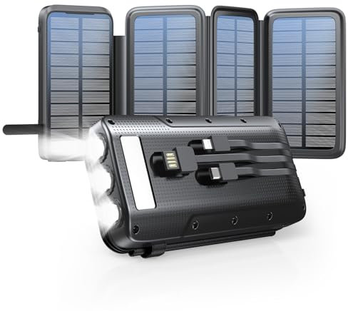 Solar Powerbank 27000mAh, cargador solar con 3 cables QC4.0 22.5 W USB C 20 W, función de carga rápida, con 4 paneles solares y 3 linterna LED para smartphones, tabletas, camping