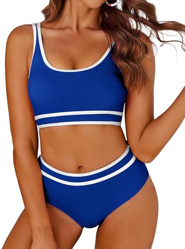 AI'MAGE Maillot de Bain Femme 2 Pieces Bikini Sexy Taille Haute Push Up Sport Fileté Deux Pièces, Bleu L