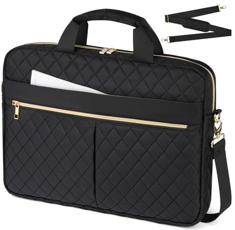 vsshe Borsa del Portatile, 15.6 Pollici Cartella per Laptop, Borsa da Lavoro Donna, Impermeabile Borsa Computer Grande con Tasche e Divisori Interni Imbottiti, con Tracolla, per Ufficio, Scuola, Nero