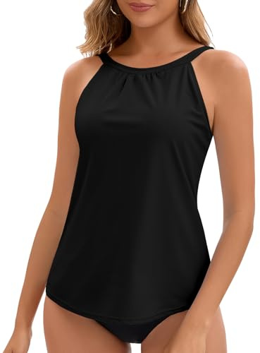 WOWENY High Neck Tankini Tops for Women Halter Flowy Sleeveless Bathing Suits Modest Swimsuit Top No Bottom (Black, XL)