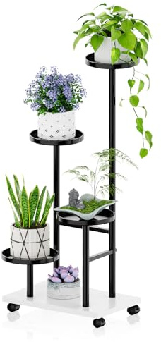 futrue-wolker Metall Blumenständer mit drehbaren Rädern,4 Etagen Pflanzenständer Blumenregal Indoor für Wohnzimmer Wohnungen Schlafzimmer Balkon(Schwarz)