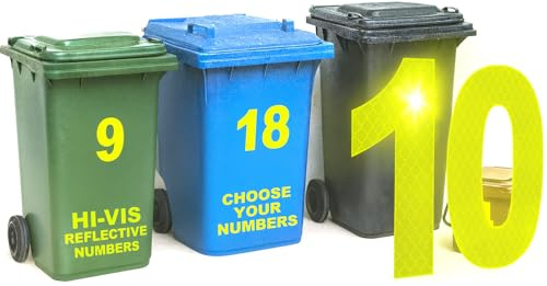 Set of 1/2/3/4 Hi Vis Bin Numbers for Wheelie Bins – 17cm Reflective Dustbin Stickers, Yellow Stick On Number Stickers, Weatherproof Self Adhesive, Microprismatic Diamond Cell Structure Technology