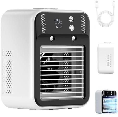 Mini Portable Air Conditioner Cooler Humidifier, Air Conditioner Portable with 2 Wind Speeds & Cool Mists, Rechargeable Car Ac for Home Camping Car Office Rv