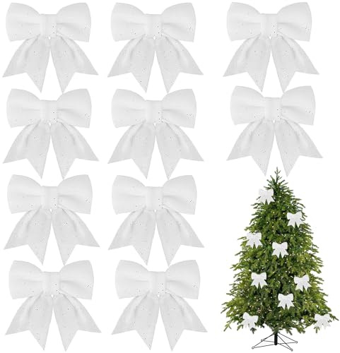 10 PCS Lazos Arbol Navidad, Lazos de Navidad Blanco, 15 & 12 cm Lazos Navideños, Decoracion de Arbol Navidad Lazos, para Fiestas Navideñas, Bodas (Blanco)