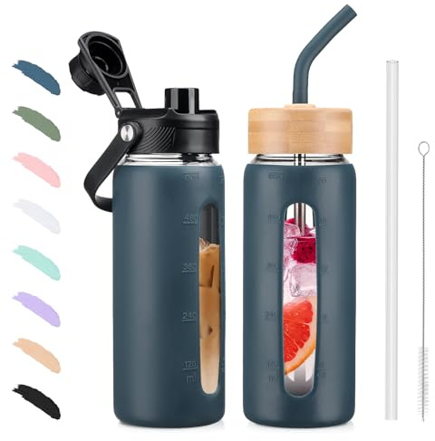 BLUEGO 600ml Glass Water Bottle with Straw and 2 Lids Glass Coffee Cup with Time Marker and Silicone Protector Glass Tumbler for Beverages Soda Cola BPA Free, Dblue