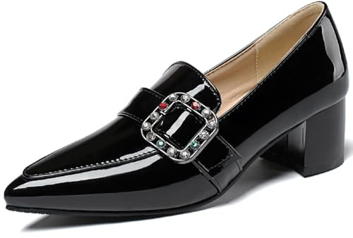 Wtharosa Décolleté con Punta a Punta e Fibbia Decorata con Pietre, Tacco Blocco, per Lavoro e Occasioni Speciali, Tacco Medio, Scarpe da Sera Slip-on in Pelle Lucida,Nero,37 EU