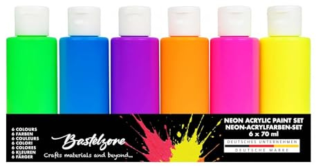 Bastelzone Acrylfarben-Set – Vielseitige & hochpigmentierte Malfarben für Hobby & Künstler. Wasserbasiert, deckend, leuchtend & gebrauchsfertig. Vegan (6 Neon-Farben x 60 ml)