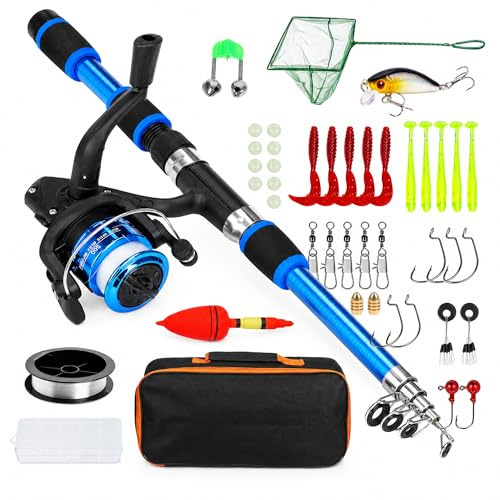 Juego de pesca para niños – Caña de pescar telescópica de 180 cm con carrete, carrete, cebo y bolsa de transporte, accesorios para principiantes