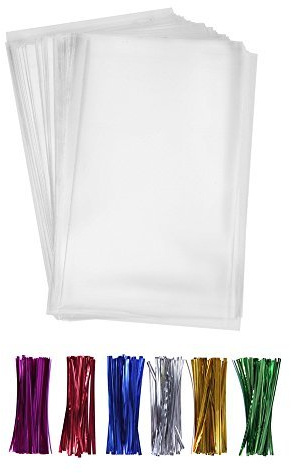 200 Clear Treat Bags 6'' x 9'' (15.2 x 23cm) with 4 Twist Ties 6 Mix Colors - Thick OPP Plastic Cello Bags for Wedding Cookie Birthday Cake Pops Gift Candy Buffet Supplies