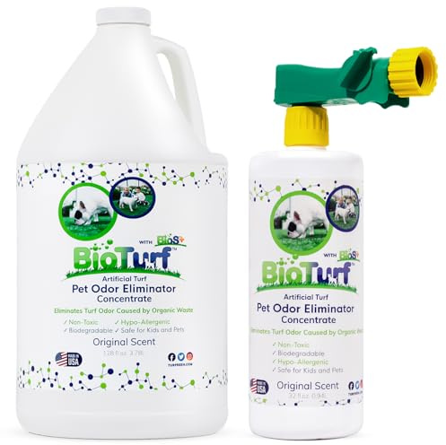 BioTurf BioS+ Odor Eliminator Concentrate Kit – Artificial Turf Cleaner for Dog Urine & Feces – Outdoor Yard Deodorizer Enzyme – Includes 1 Gallon, 32oz Spray Bottle & Hose Attachment