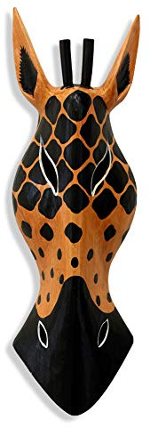 G6 COLLECTION Wooden Tribal Giraffe Mask Orange Black Hand Carved Wall Plaque Hanging Home Decor Accent Art Unique Sculpture Decoration Handmade Gift Handcrafted Decorative Giraffe Orange Black (12
