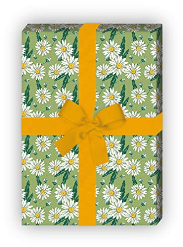 Vintage Blumen Geschenkpapier Set (4 Bogen) mit Margeriten Gänseblümchen, grün, für schöne Geschenk Verpackung zum Einpacken 32 x 48cm, zu Ostern Weihnachten Geburtstag, universal Geschenkpapier