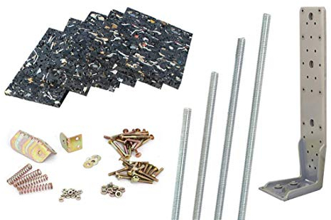 Basis Zubehörset XL zur Montage und Befestigung von Gartenhäuser | Unterlagepads als Feuchtigkeitssperre | Sturmwinkel zur Windsicherung | Windverankerungsset, Gewinde-Spanner für Blockbohlen