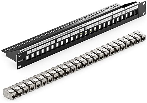 deleyCON 24 Puerto Panel de Parches Conjunto Modular 1 HE 19 Pulgadas Instalación en Rack + 24 Módulos RJ45 Keystone CAT6a Compatible con CAT5 CAT6 CAT7 LAN Cables de Red Cables de Descarga Negro