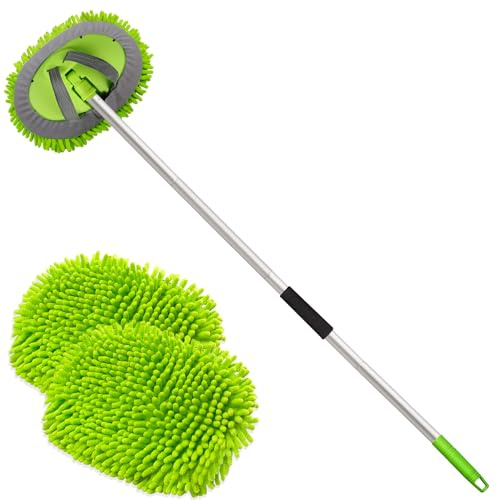 anngrowy 62 Microfiber Car Wash Brush Mop Kit Mitt Sponge with Long Handle Car Cleaning Supplies Kit Duster Washing Car Tools Accessories, 1 Chenille Scratch-Free Replacement Head Aluminum Alloy Pole