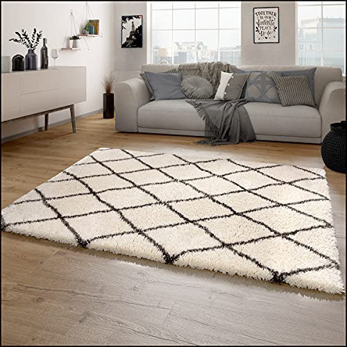 Paco Home Hochflor Teppich Wohnzimmer Shaggy Langflor Skandinavisches Rauten Muster Modern, Grösse:200 cm Quadrat, Farbe:Creme 2
