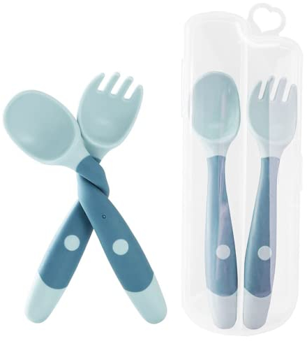 1Pair Baby Fork and Spoon Set, 360° Bendable Weaning Spoons Self Feeding Learning Silicone Baby Spoons, First Led Training Cutlery Set with Storage Case for Infant Toddler Children Kids(Blue)