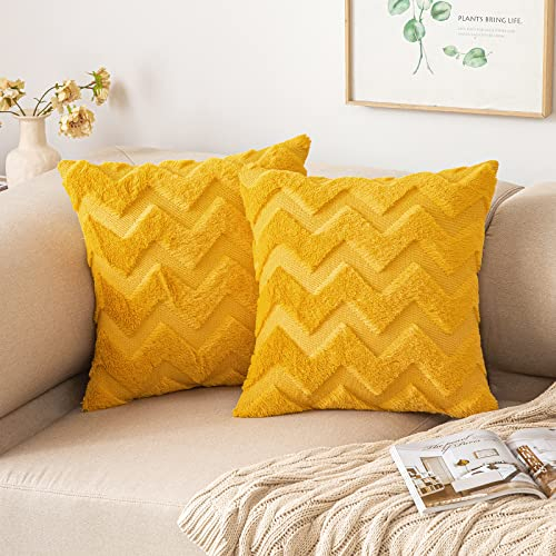 MIULEE 2er Set Wolle Kissenbezüge Dekokissen Polyester Sofakissen Weich Couchkissen Kissenbezug Zierkissenbezug mit Verstecktem Reißverschluss für Wohnzimmer Schlafzimmer 40x40 cm Senfgelb