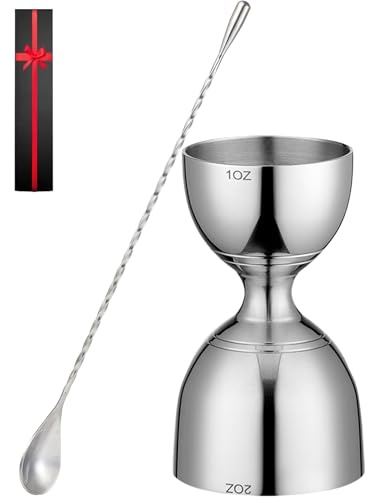 Bell Cocktail Jigger with Measuring Marks (1oz, 2oz) and Mixing Spoon - Bartender Set