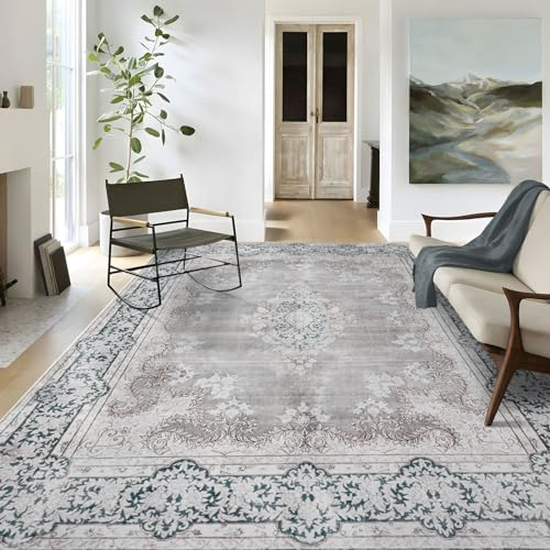 TALETA Wohnzimmer Teppich waschbar in Waschmaschine,Vintage Orientteppich Grau, Carpet for Living Room, Kurzflor Teppich für Schalfzimmer, Esstisch, Küche, 160 x 230 cm