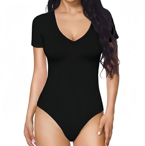 SamHeng V Neck Bodysuit for Women Short Sleeve Tank Top Ladies Sexy Leotard Body Suits with Snap Closure Going Out Casual Slim Fit T-Shirts(Black/M)