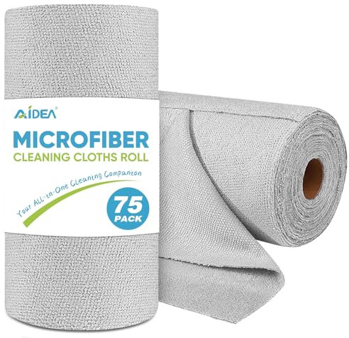 AIDEA Rollo de paño de limpieza de microfibra, color gris, 75 unidades, toallas de papel reutilizables, toallas de microfibra para automóviles, paños de lavado, trapos sin pelusa para casa, cocina