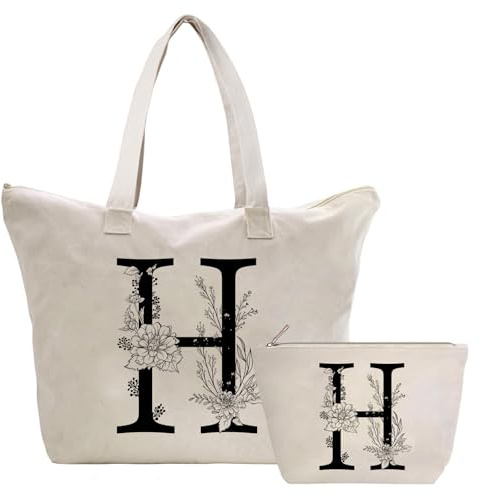 Toozen Personalizadas Bolso Tote de Mujer con Inicial, Bolsa de lona con Bolsillo Interior, Bolsa de Compras con Bolso de Cosméticos, Regalos para Damas Mejor Amigas Mamá, Regalo Cumpleaños Navidad H