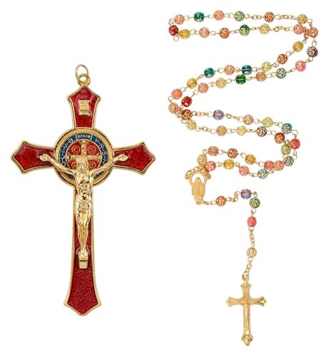 WANDIC Kreuz Set, Rosenkranz Katholisch Gold, Christliche Deko, Kruzifix Wandkreuz mit Halskette, Kreuz Zum Aufhängen, Bibel Katholisch Jesus Kette Bild für Zuhause Beten, Innendekoration, Kommunio
