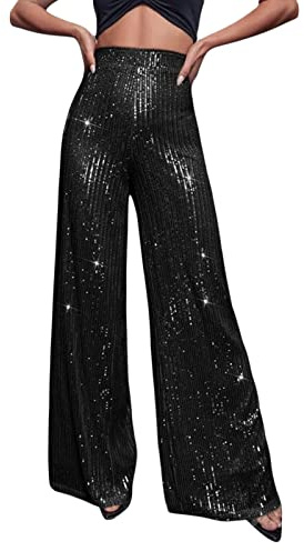Himllauen Women Sequined Wide Leg Pants Elegant Solid Color Shiny High Waist Spring Autumn Loose Trousers for Club Party Streetwear Aesthetic Clothes (Black, XL)
