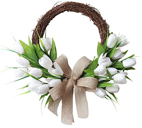 Artificial Tulip Wreath Diameter 40 cm, Half Covered Spring/summer Door Wreath, Artificial Flower Wreath, Artificial Rattan Wreath, Hanging Holiday Decoration with Green Leaves and Burlap Bow, White
