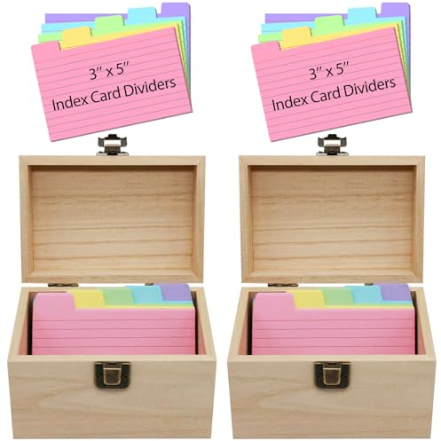 DSYIL Index Card Holder Box 3x5, Wooden Card Box with 100 Dividers, Recipe Cards Case, Business Card Organizer for Flash Card, Notecards and Study Cards, 2 Pack