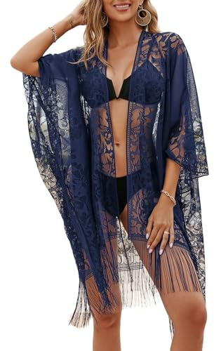 Sexig och elegant strandkimono i spets för dam, öppen framtill som överdrag över baddräkt, för semester