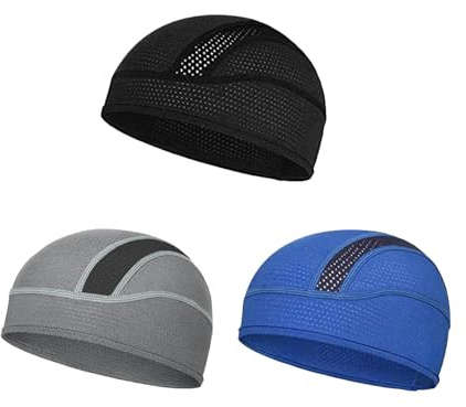 3 Pack Summer Riding Skull Cap Helmet Liner Breathable Outdoor Cycling Mesh Cap Sweat Wicking Bike Running Hat Beanie Stretchy Quick Dry Turban Hat Under Helmet for Men Women Cycling Motorcycle