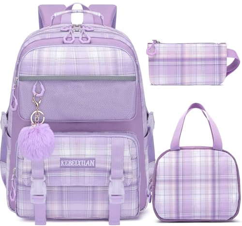KEBEIXUAN Cartable Fille Primaire, 3 Pièces Kawaii Sac à Dos Scolaire Léger et Respirant avec Trousse et Sac Repas pour Filles 6-12 Ans (CP au CM2), Violet