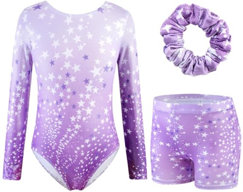 XiaoMoSha Girls Three-Piece Gymnastics Leotards Set Long Sleeve Leotards with Shorts and Hairband Sparkly Ballet Dance Unitards Gradient Color Gymnastics Outfits for Kids,PurpleStar, 11-12 Years