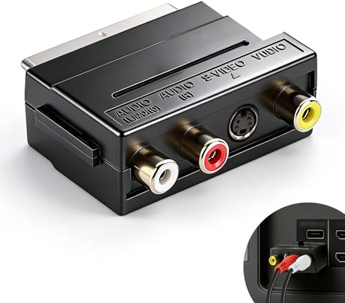 Jetstream Adaptador Scart a 3X RCA in out + S-Video S-VHS, Euroconector a RCA, Scart Adapter, Convertidor VHS Compatible con TV, DVD, VHS, Adaptador SCART/S-VHS/AV etc